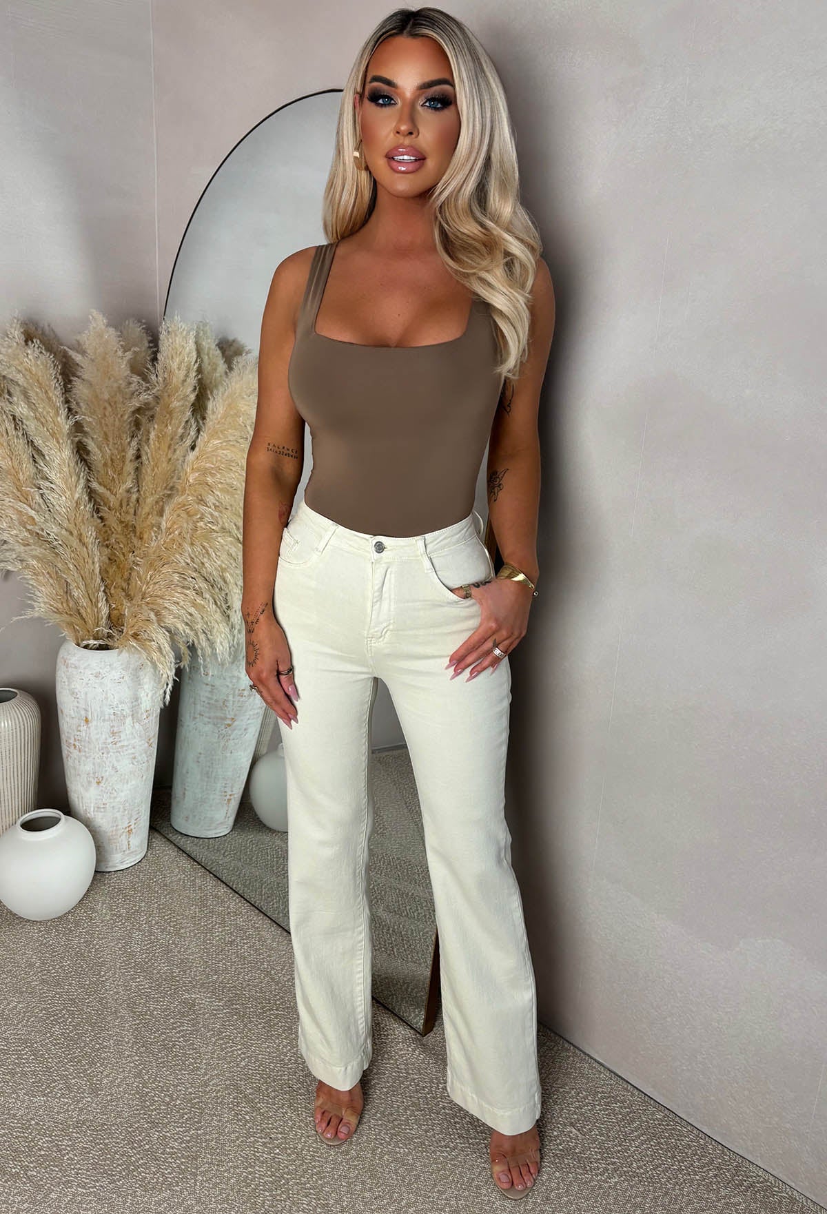 Denim Date Cream Stretch Wide Leg Jeans