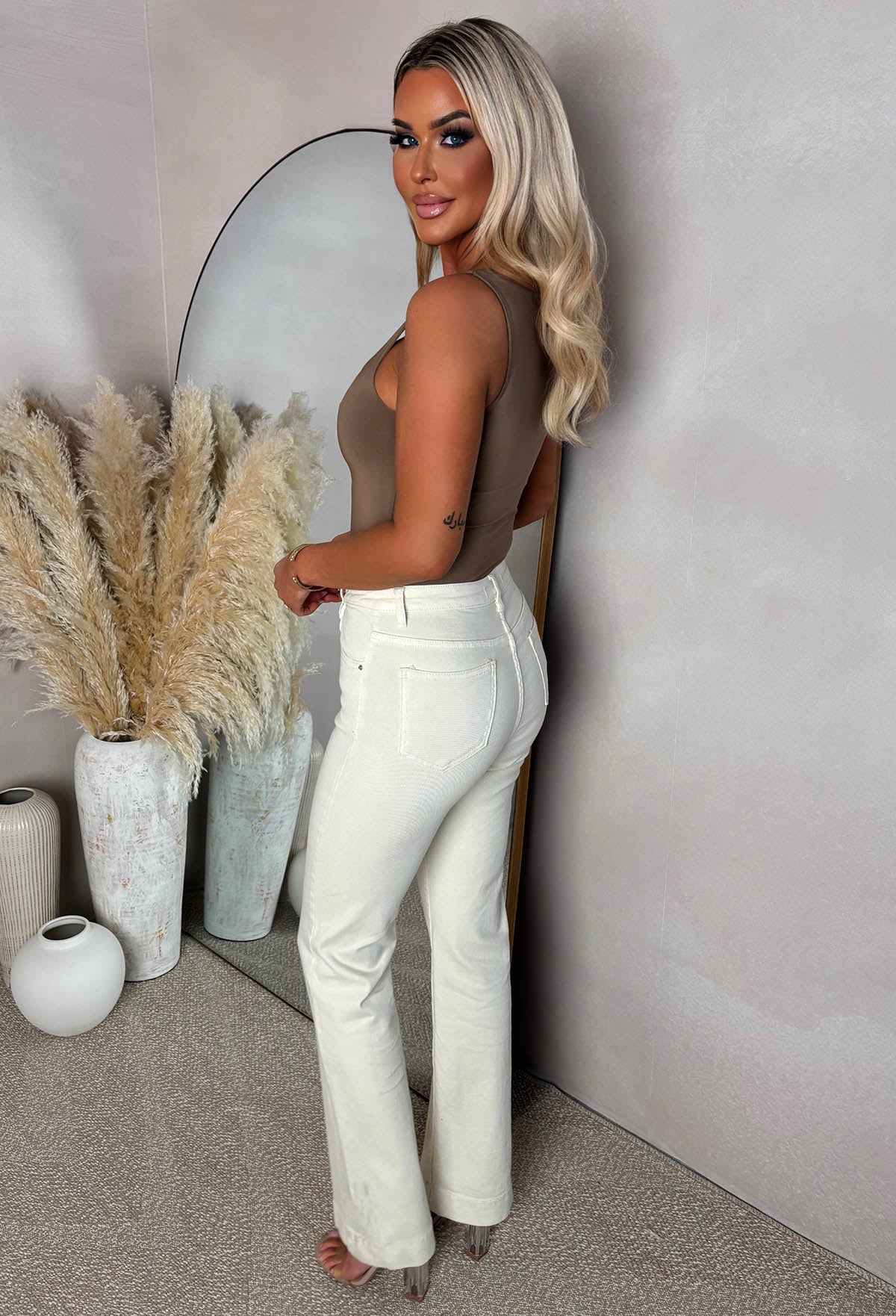 Denim Date Cream Stretch Wide Leg Jeans