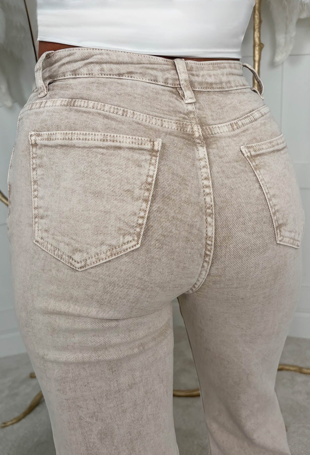 Denim Design Beige Stretch Wide Leg Washed Jeans