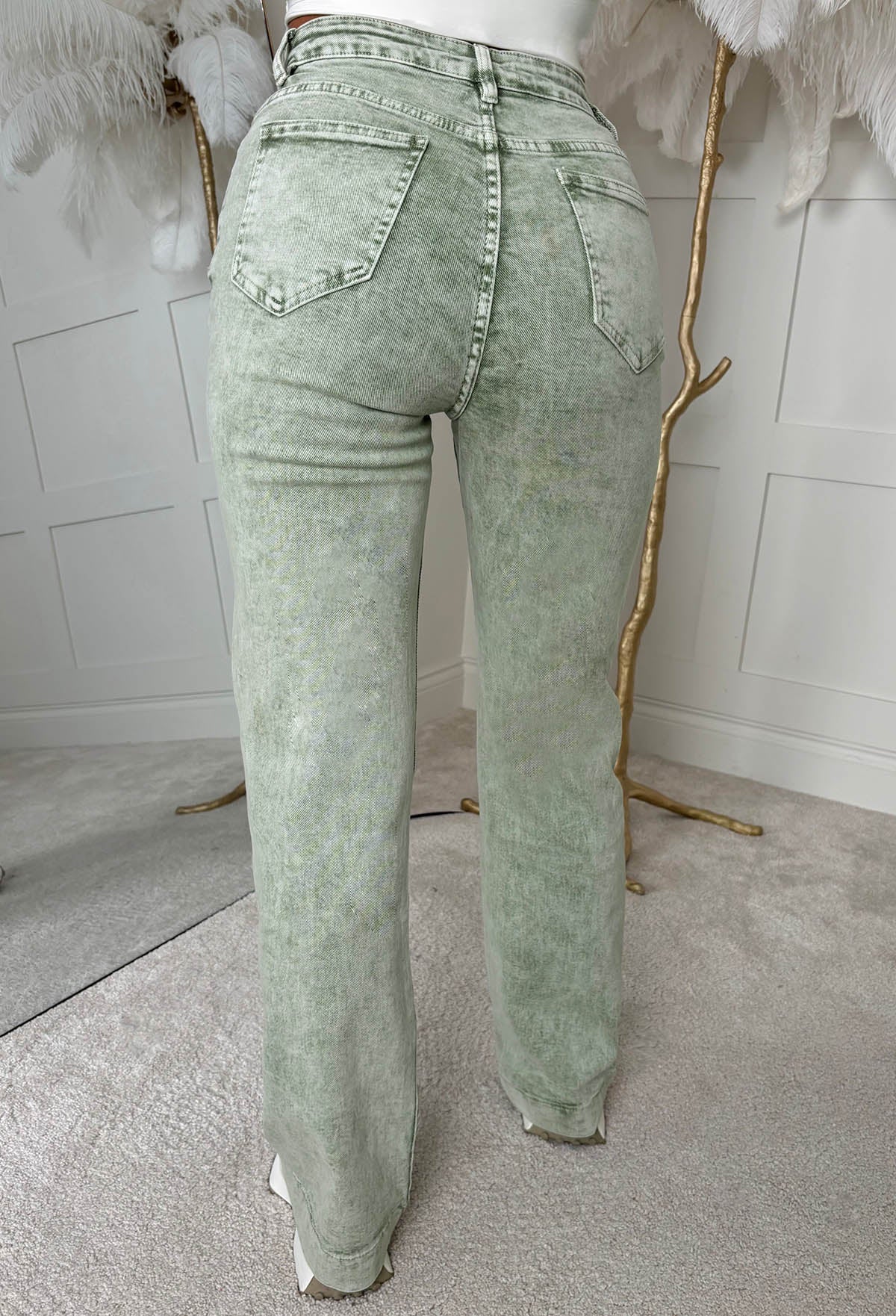 Denim Design Green Stretch Wide Leg Washed Jeans