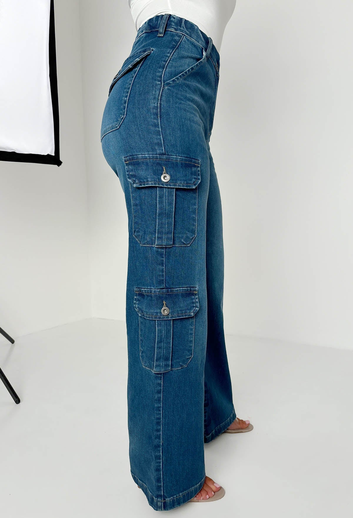 Denim Revolution Dark Wash Cargo Denim Wide Leg Jeans