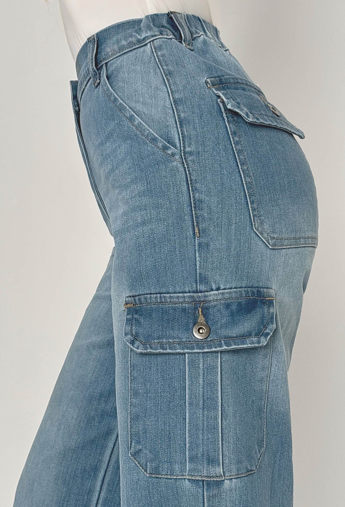 Denim Revolution Mid Blue Cargo Denim Wide Leg Stretch Jeans