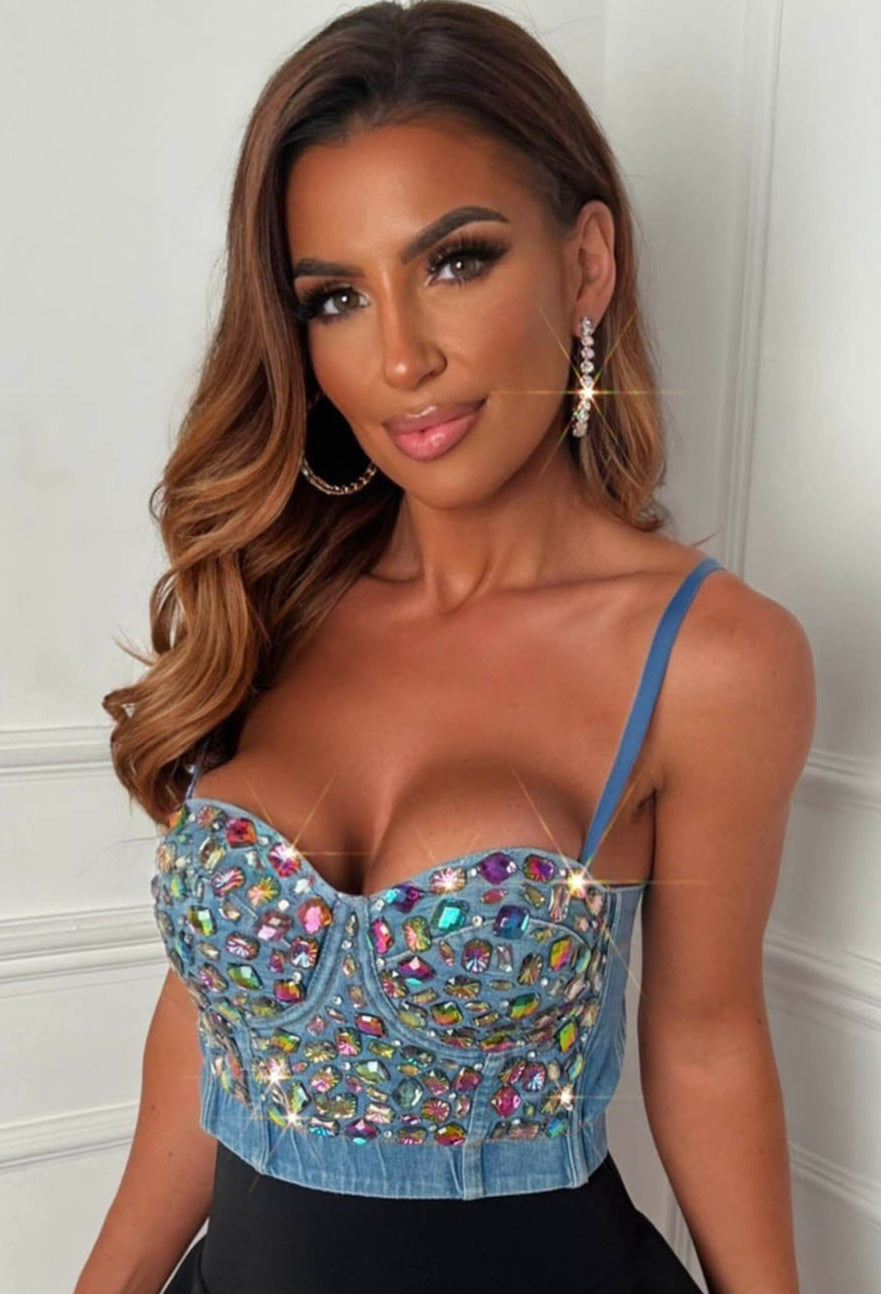Denim Romance Mid Blue Denim Embellished Gem Top