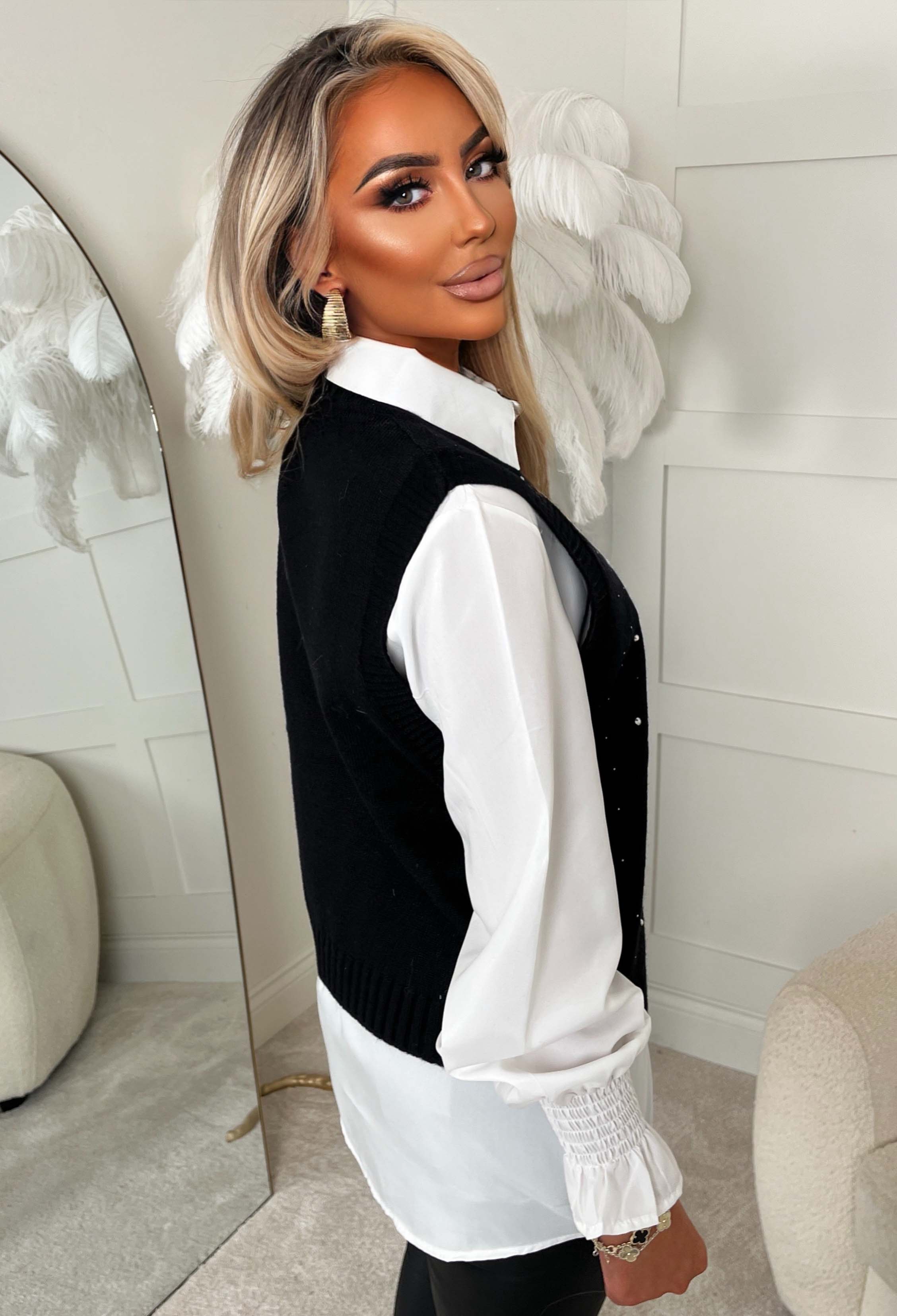 Desire Bloom Black 2 In 1 Diamante Embellished Jumper With Shirt