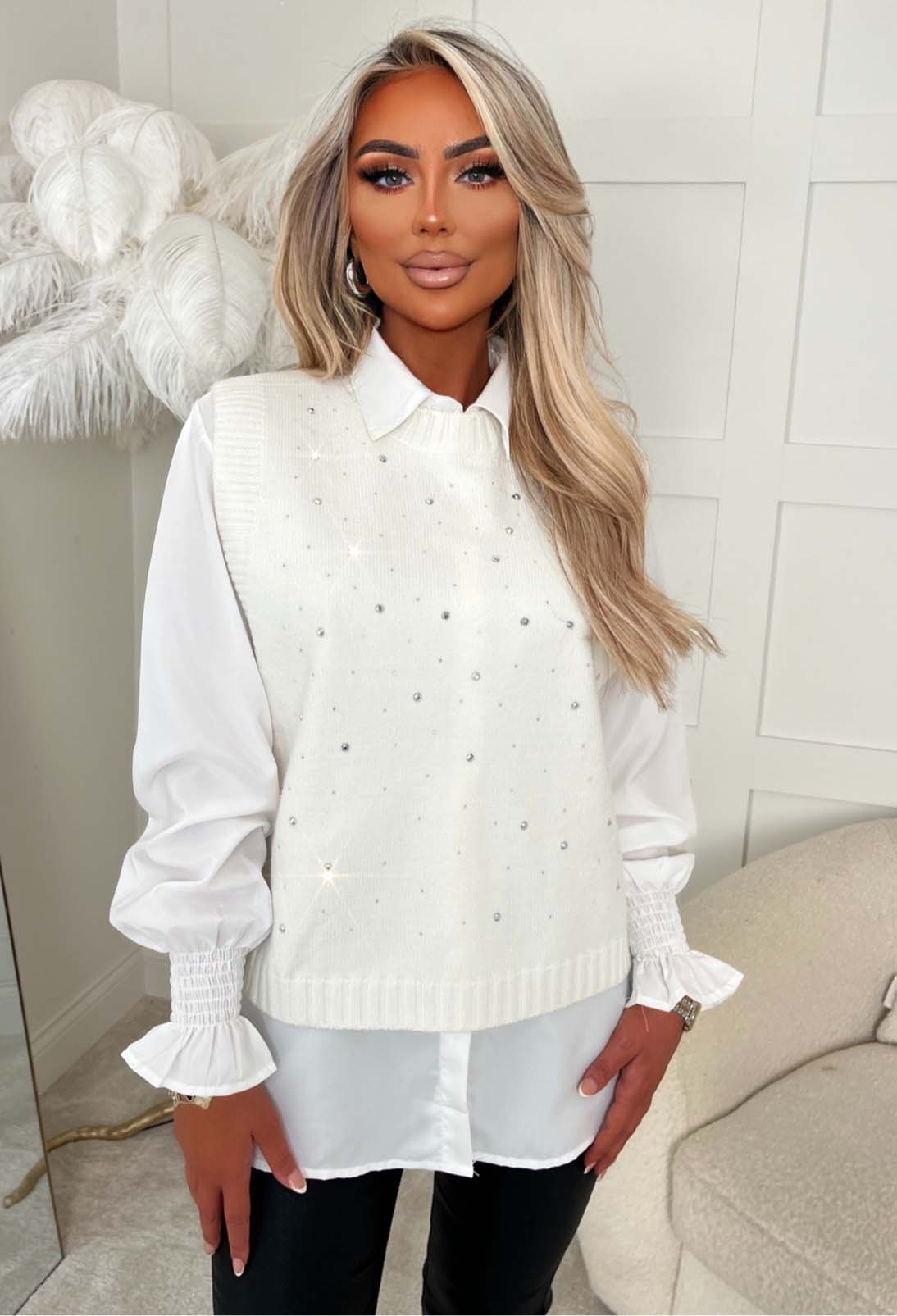 Desire Bloom Cream 2 In 1 Diamante Embellished Jumper With Shirt