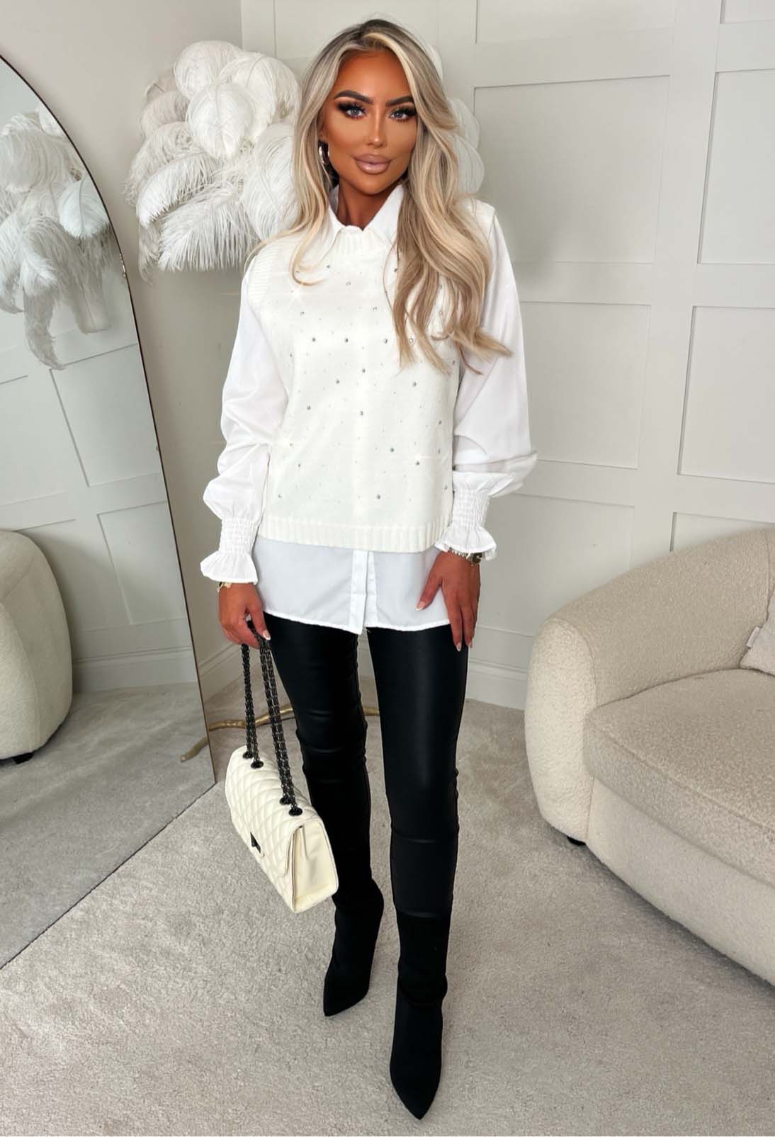 Desire Bloom Cream 2 In 1 Diamante Embellished Jumper With Shirt