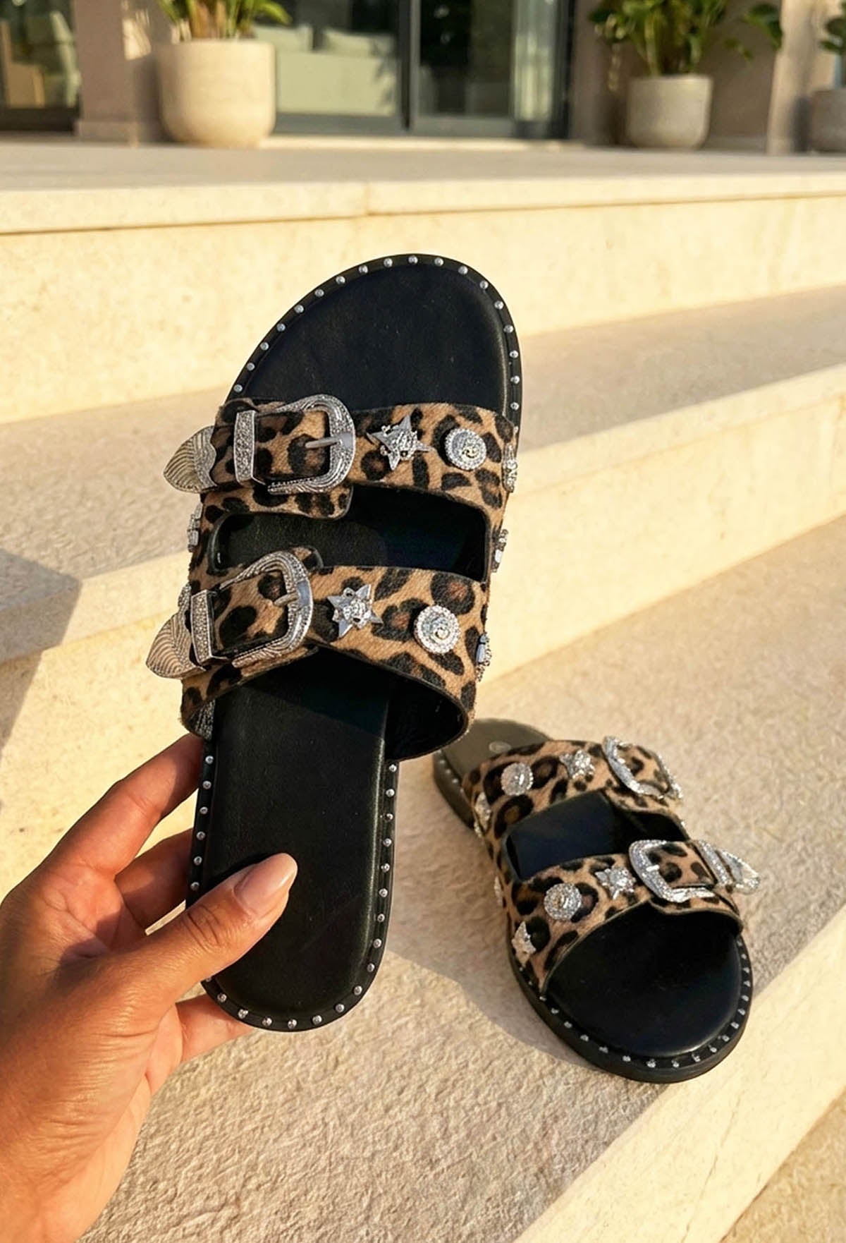 Destination Daydream Black Leopard Studded Double Strap Sliders