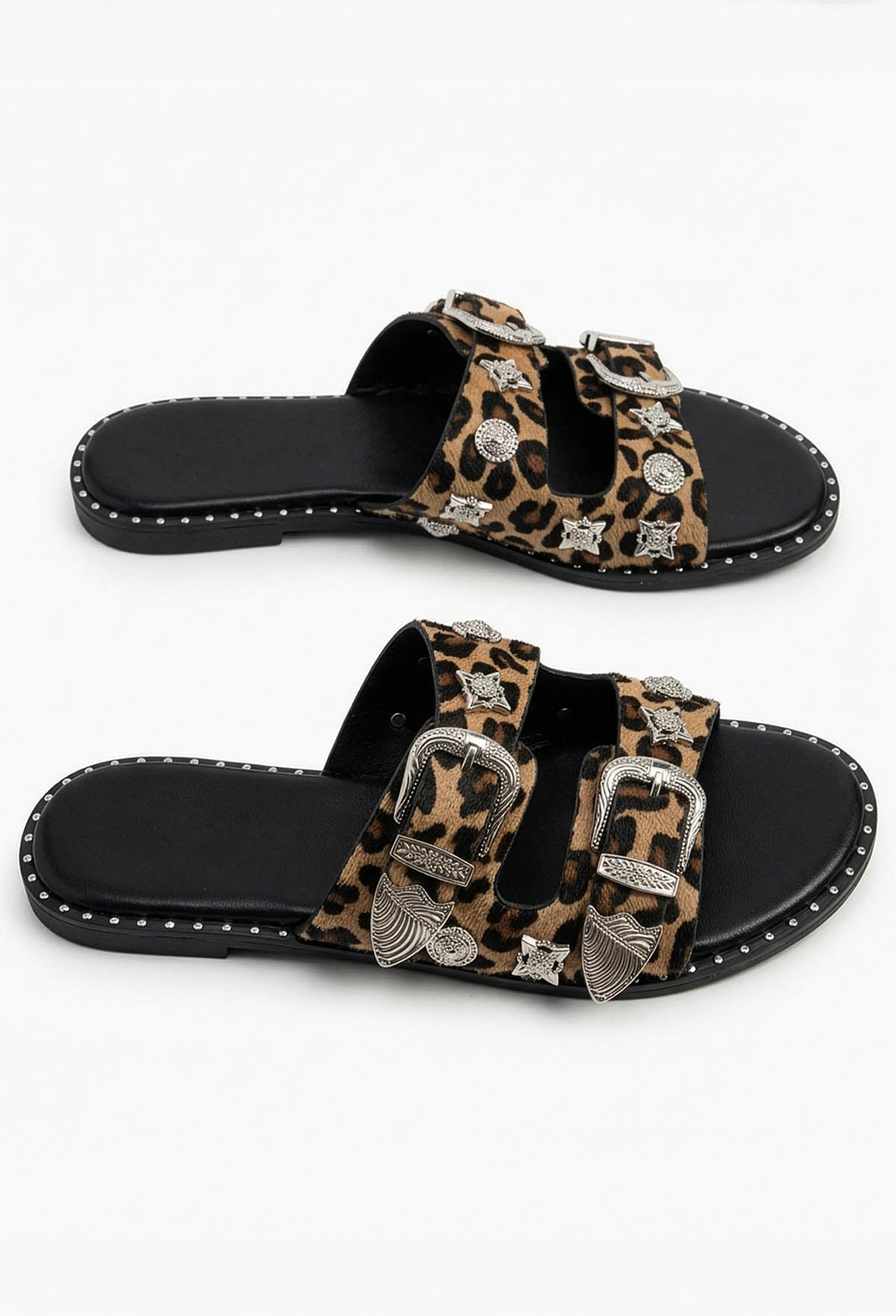 Destination Daydream Black Leopard Studded Double Strap Slidder