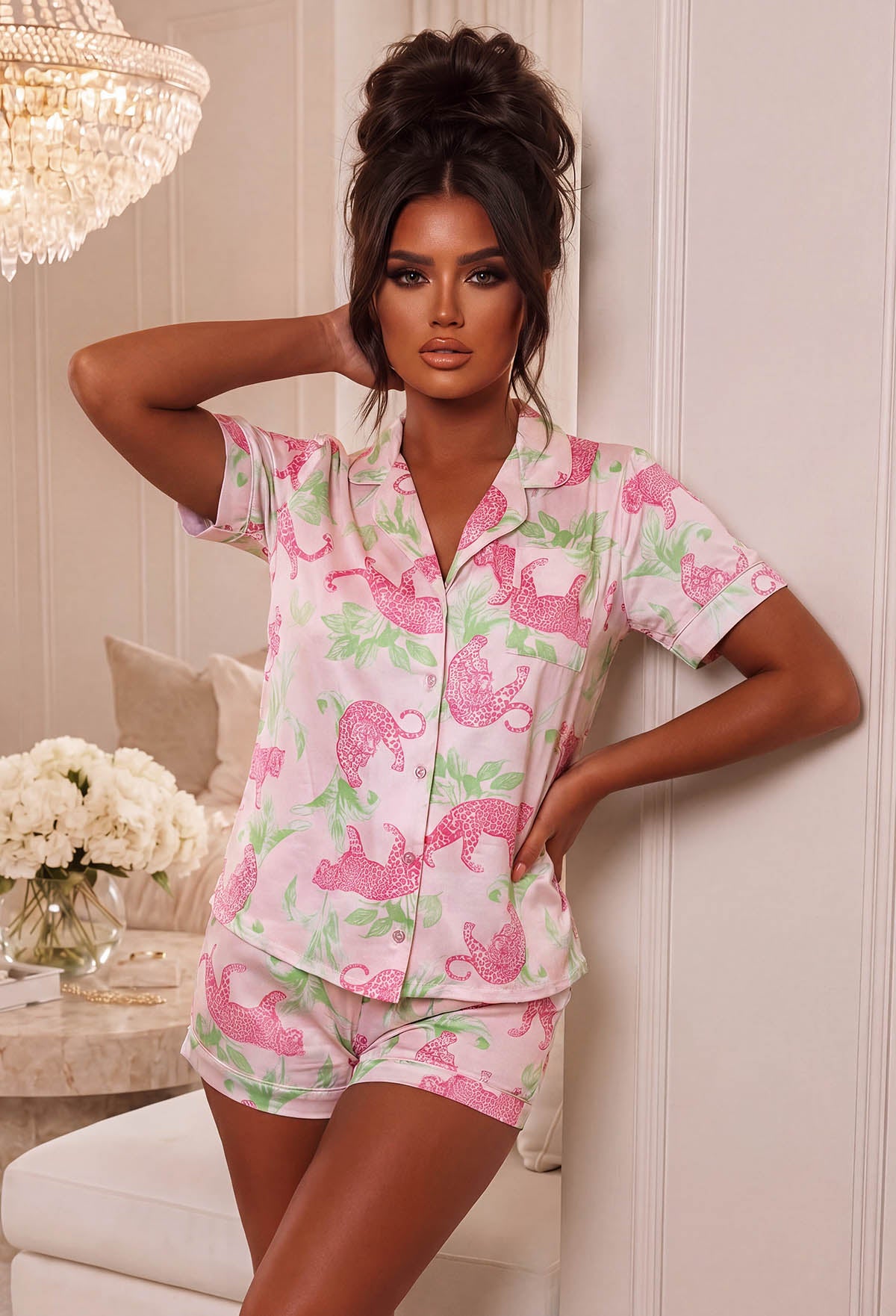 Light Pink Animal Print Short Sleeve Pyjama Set Close Up Front View