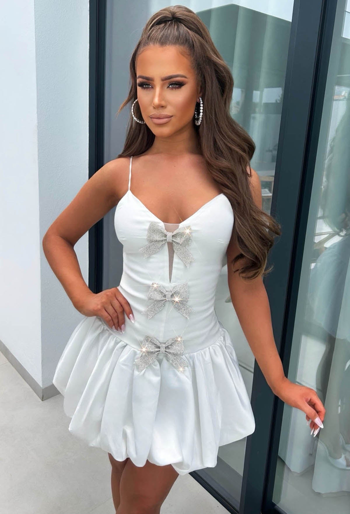 Diamond Divine White Diamante Bow Puff Ball Dress