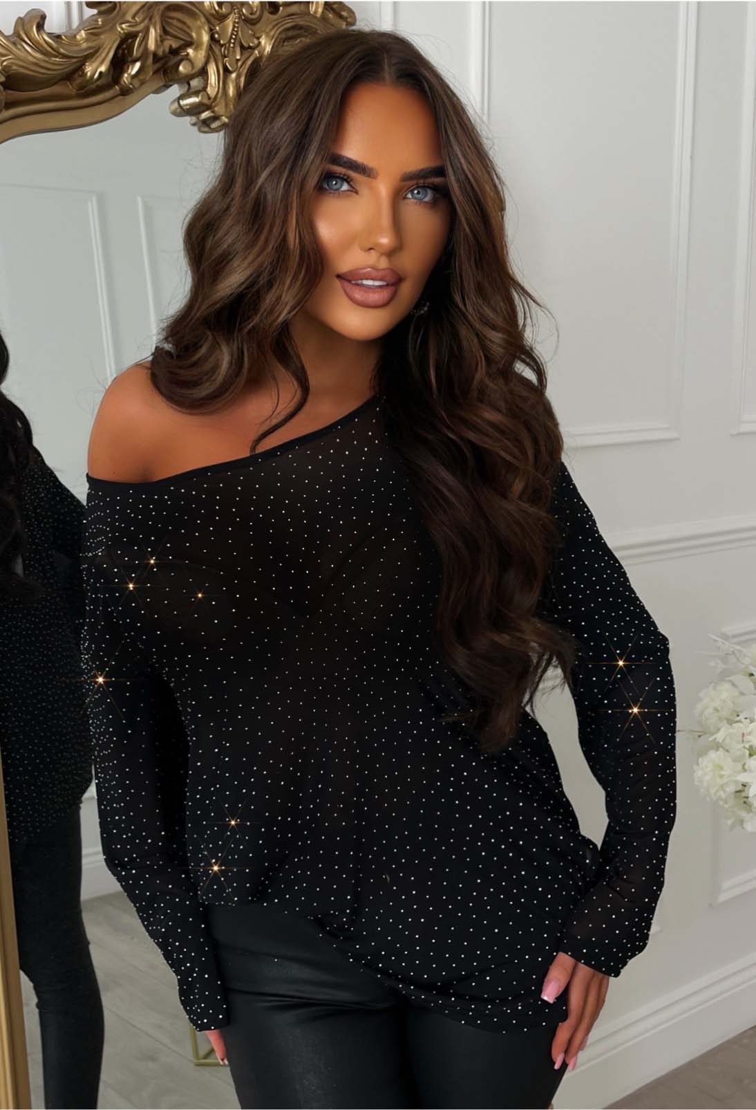トップス meer. OFF SHOULDER SHIRRING TOP /BLK Diamond Mirage Black Hot Fix Mesh Off Shoulder Top | Pink Boutique