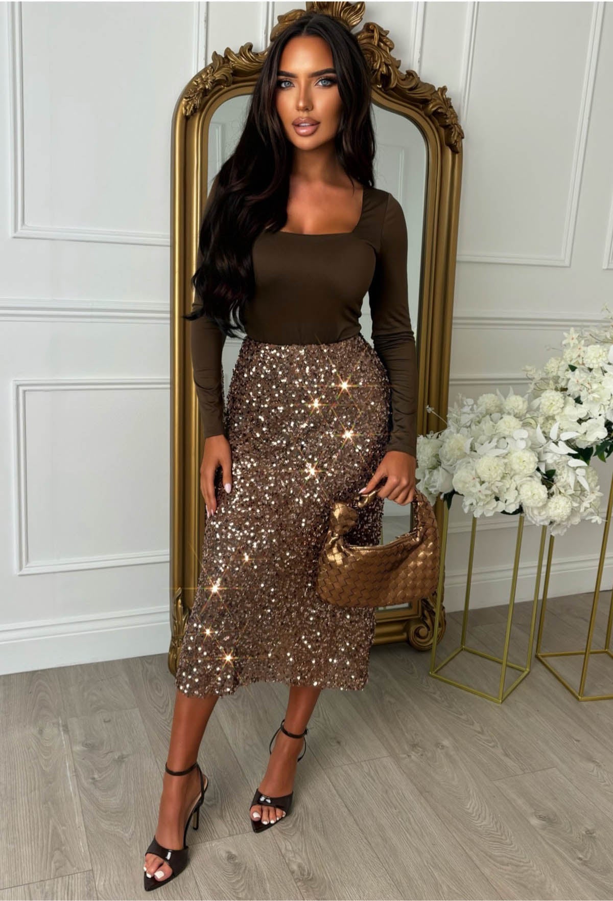 Diva In Glam Chocolate Brown Sequin Midi Skirt