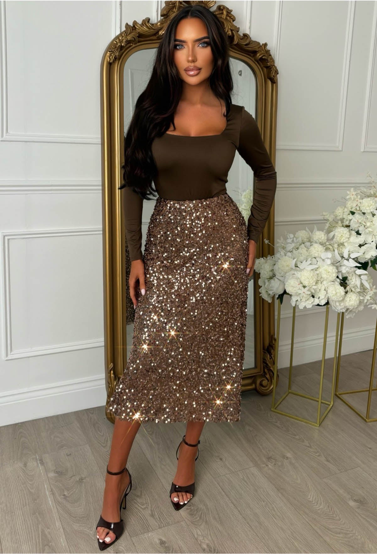 Diva In Glam Chocolate Brown Sequin Midi Skirt