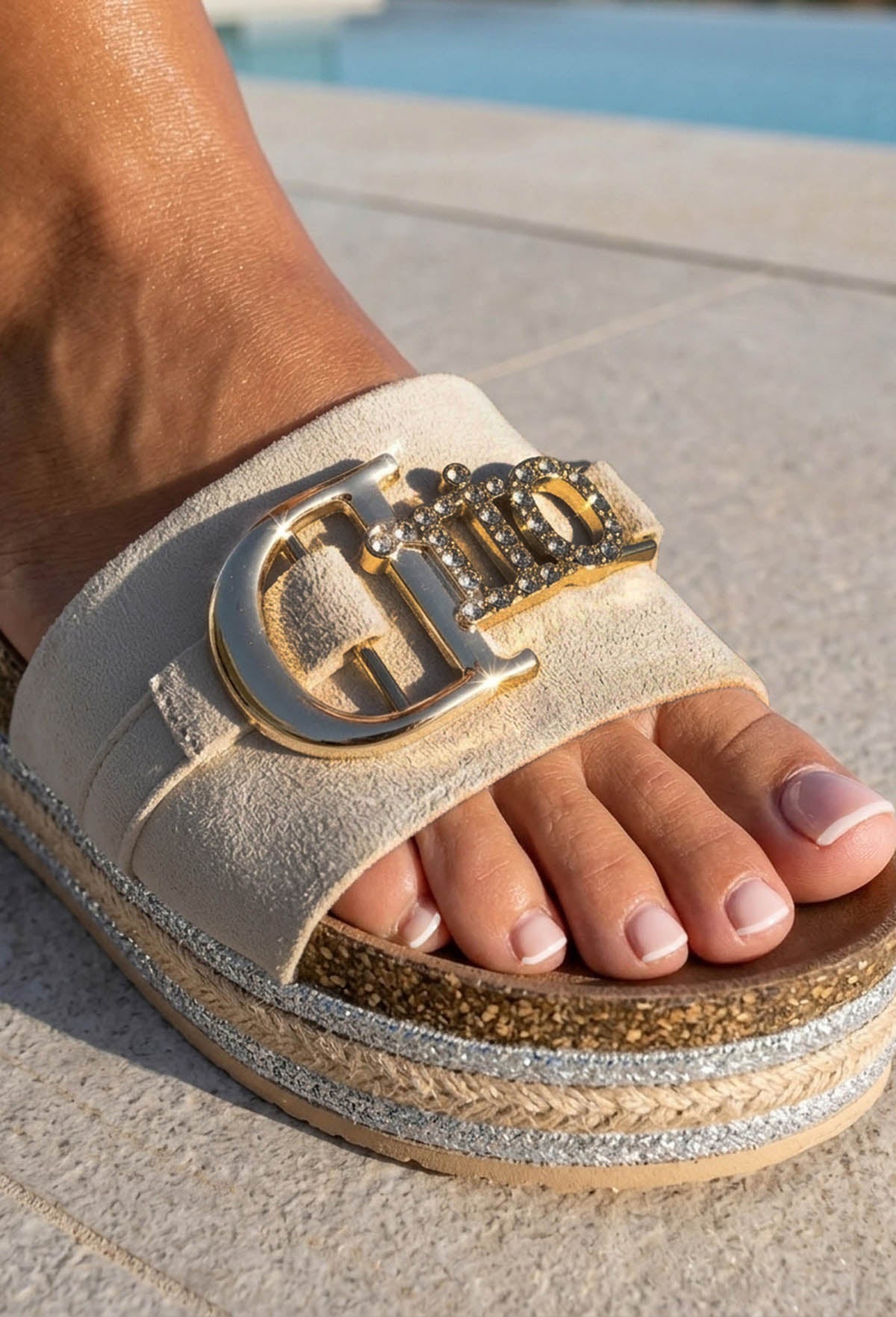 Divine Daydream Beige Embellished Sliders