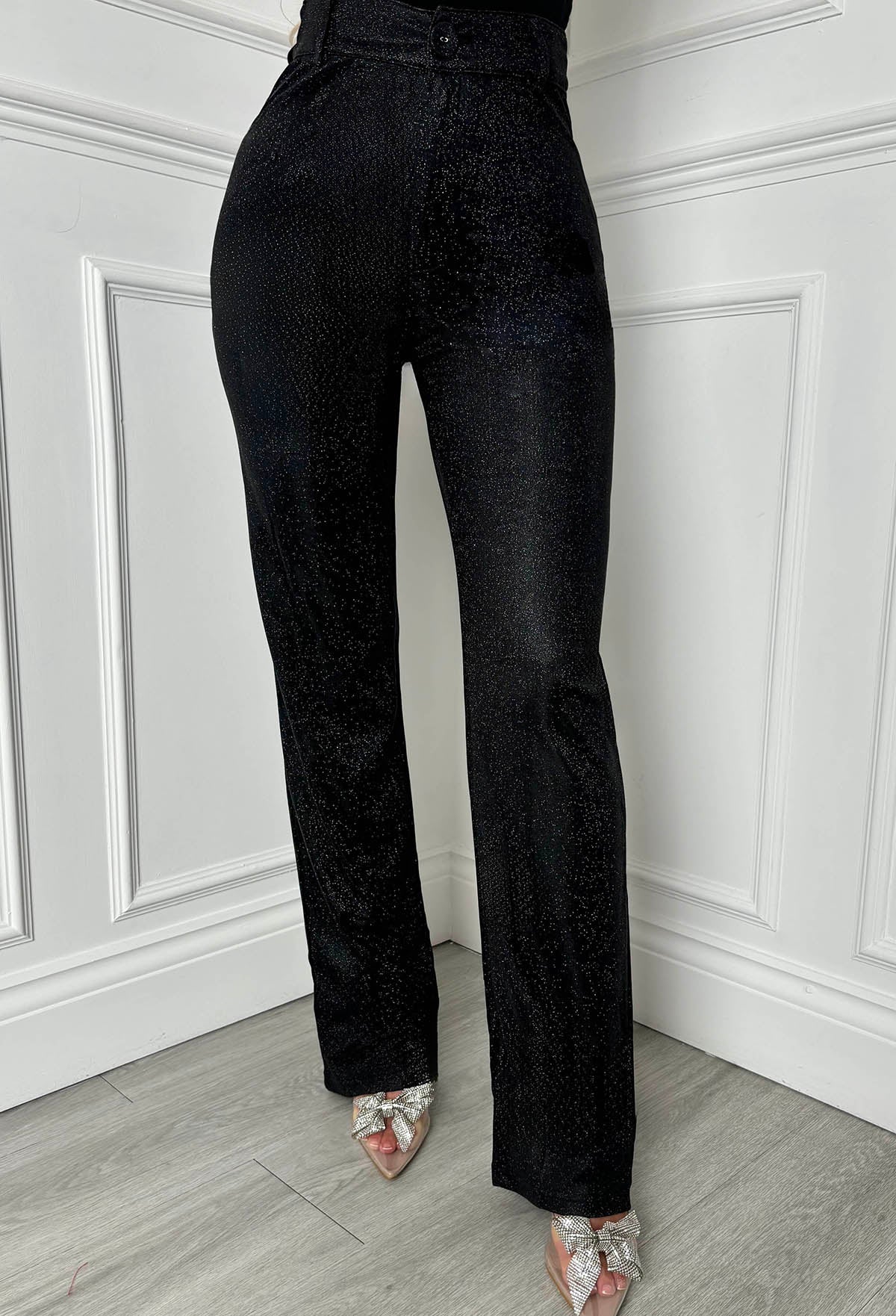 Divine Diva Black Lurex Stretch Straight Leg Trousers