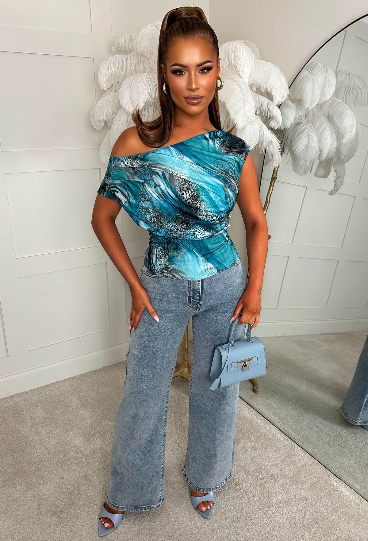 Dixie Teal Leopard Ruched Shoulder Top