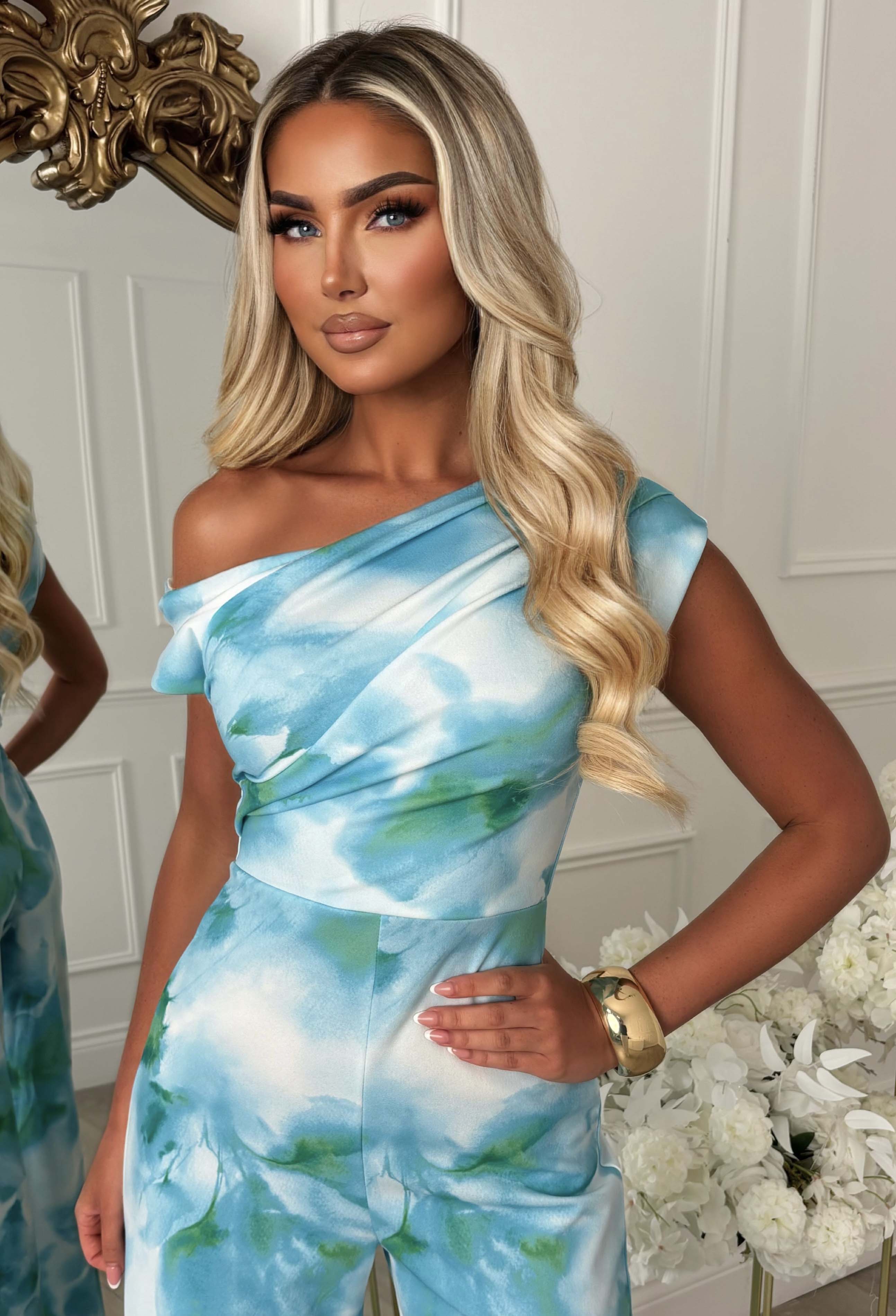 Dixie Days Blue Off The Shoulder Floral Print Jumpsuit