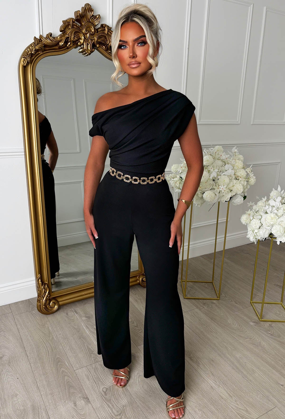 Dixie Daze Black Off The Shoulder Ruched Jumpsuit