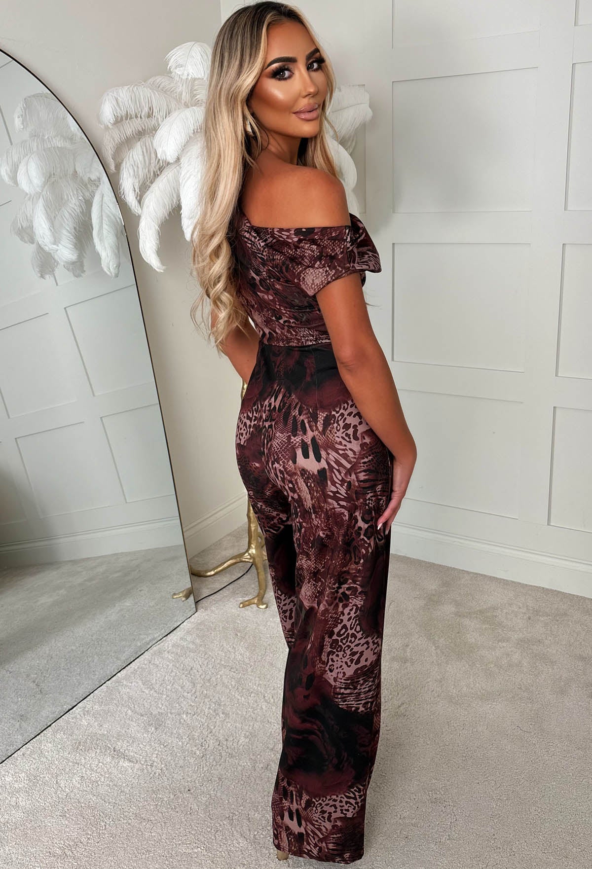 Dixie Daze Chocolate Brown Off The Shoulder Ruched Jumpsuit