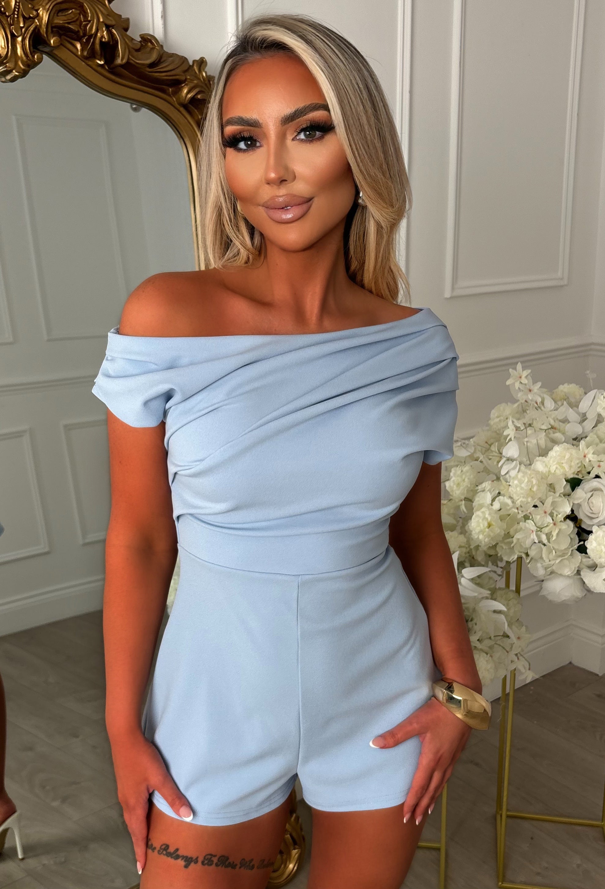 Blue Ruched Off The Shoulder Playsuit Close Up Front Shot