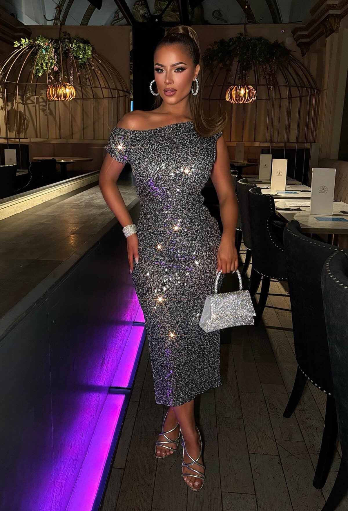 Dixie Sparkle Silver Off Shoulder Sequin Midi Dress