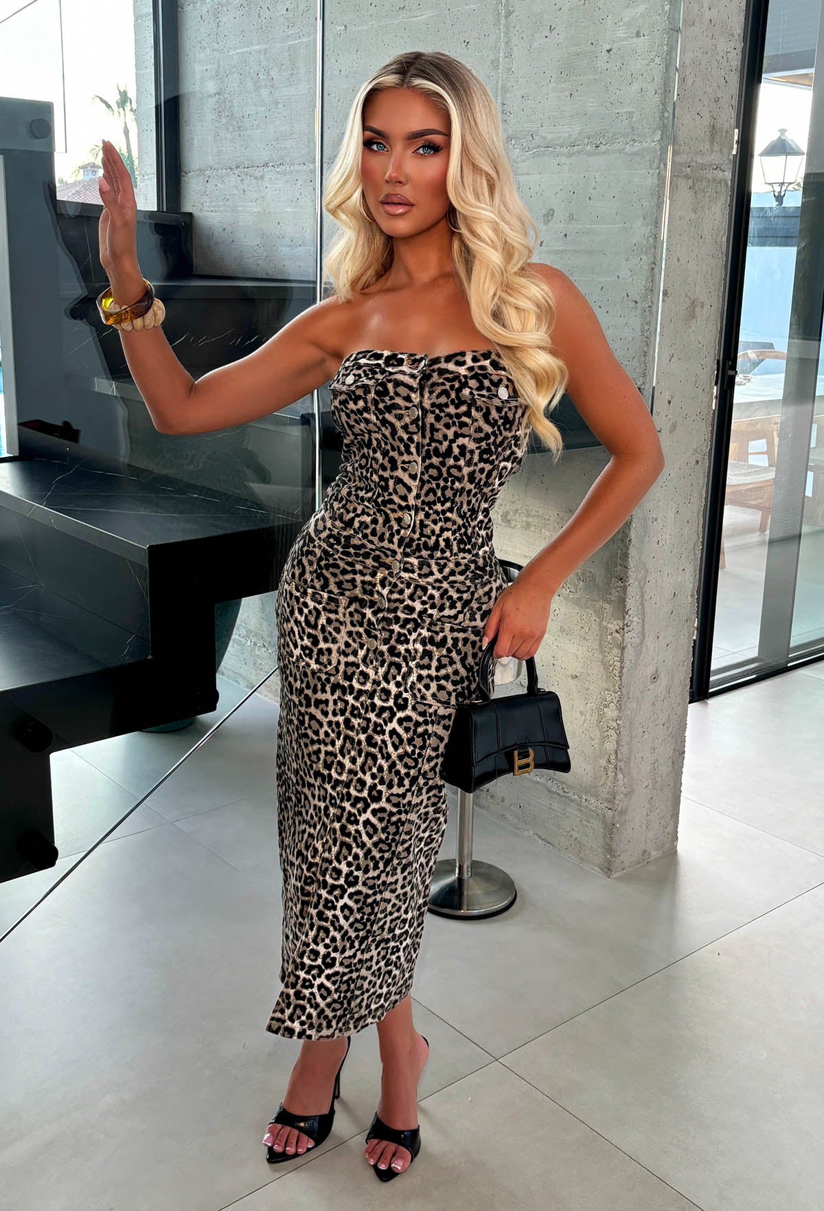 Brown Stretch Denim Leopard Bandeau Dress