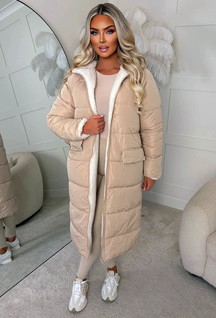 Double Trouble Beige Reversible Borg Padded Puffer Coat