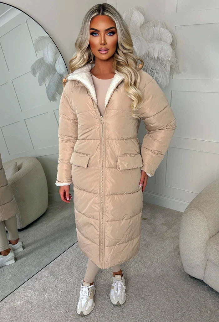 Double Trouble Beige Reversible Borg Padded Puffer Coat