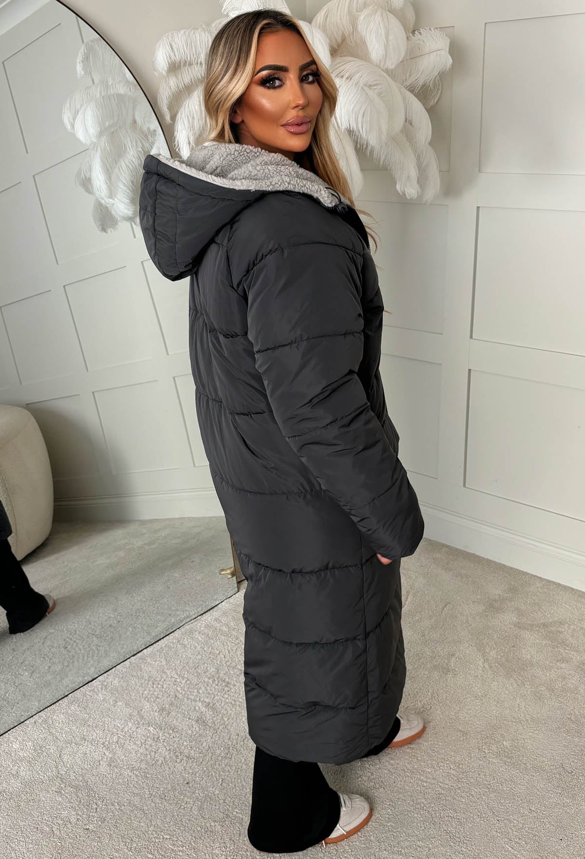 Double Trouble Grey Reversible Borg Padded Puffer Coat