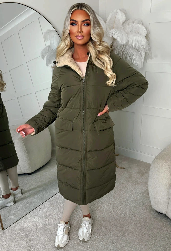 Double Trouble Khaki Reversible Borg Padded Puffer Coat