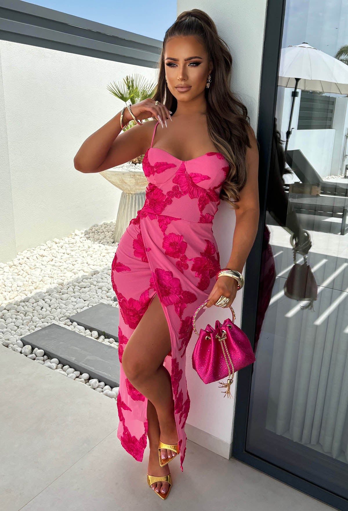 Dream For All Fuchsia Ribbon Flower Split Front Dress