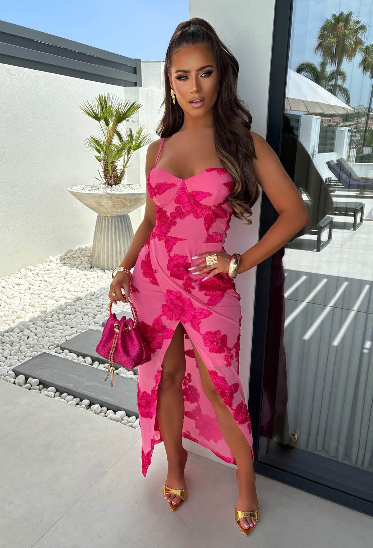 Dream For All Fuchsia Ribbon Flower Split Front Dress