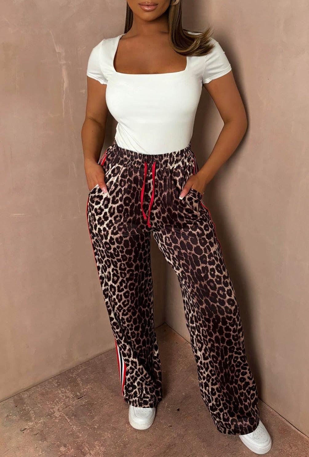 Wildest Days Leopard Print Side Stripe Wide Leg Trousers