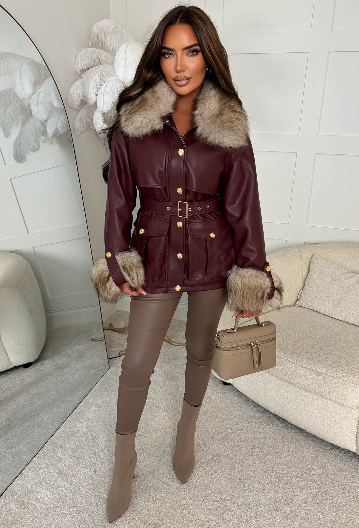 Effortless Edge Burgundy Faux Leather Faux Fur Collar Jacket