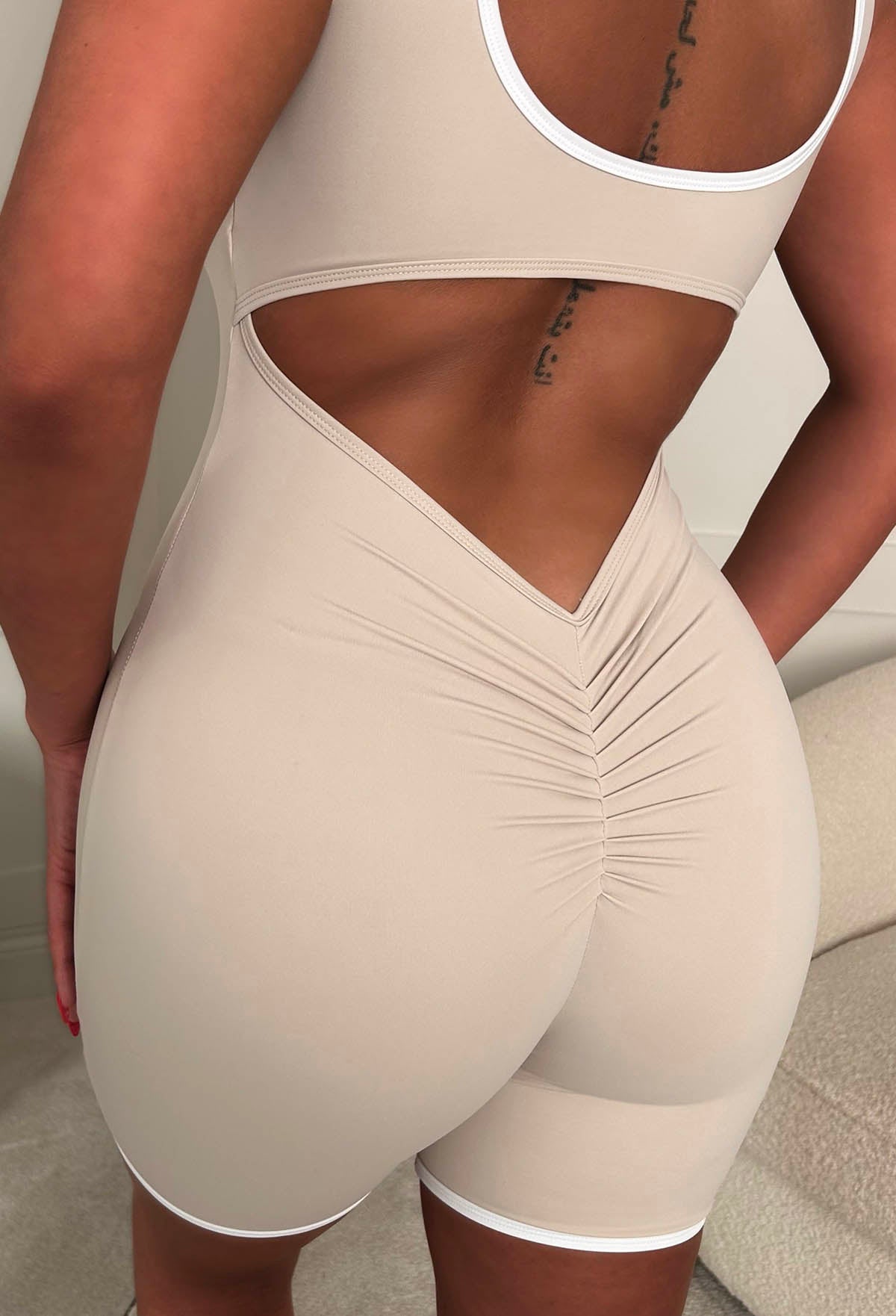 Effortless Style Beige Contrast Edge Ruched Unitard