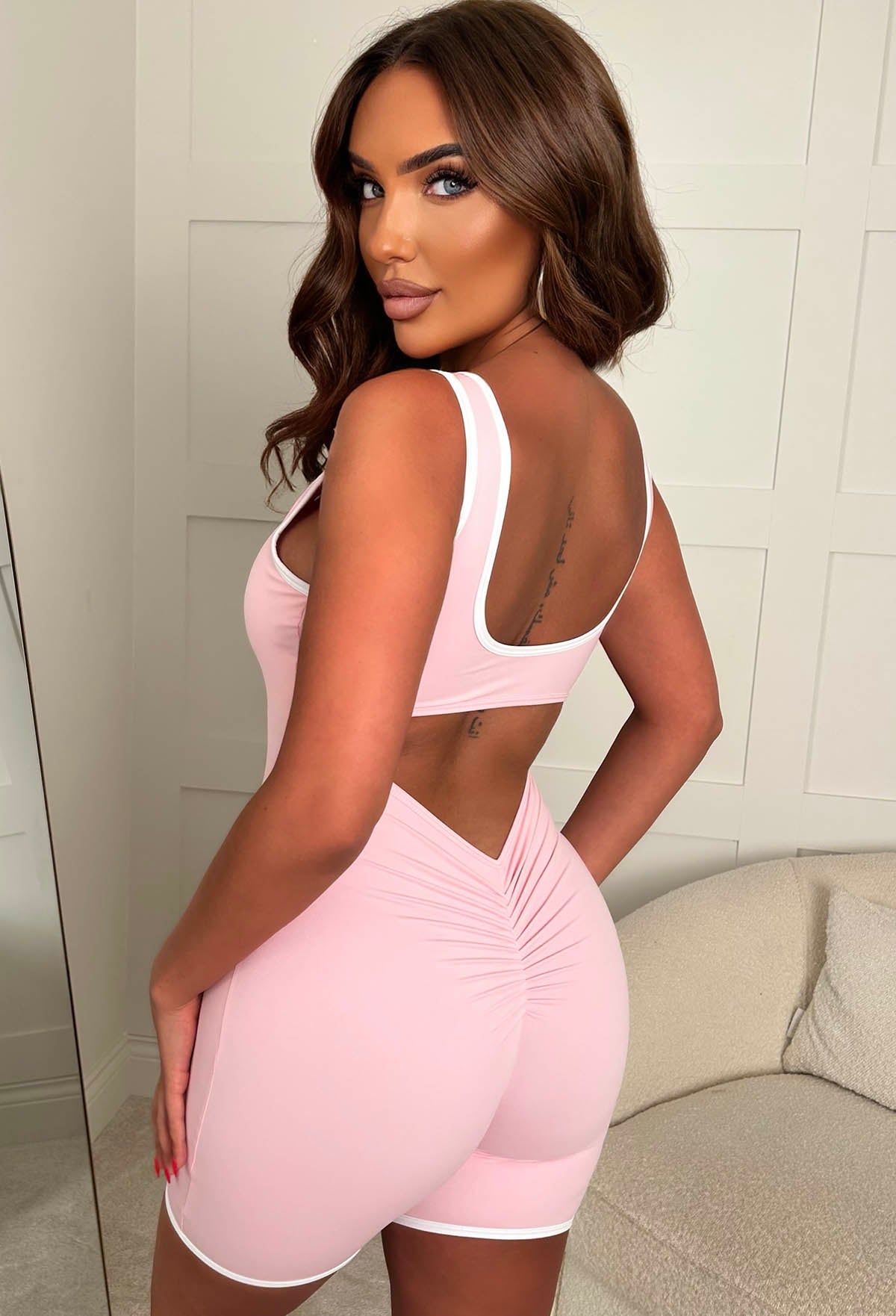 Effortless Style Pink Contrast Edge Ruched Unitard