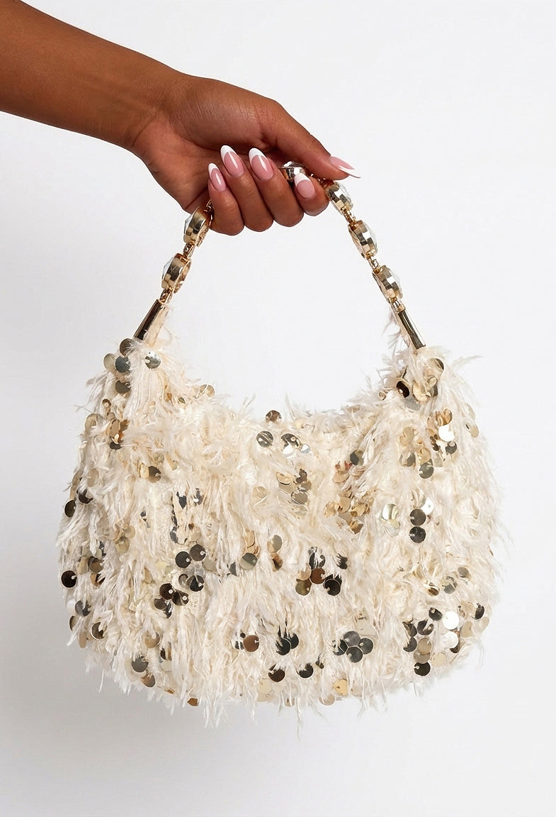 Eira Beige Feather Sequin Bag With Diamante Strap