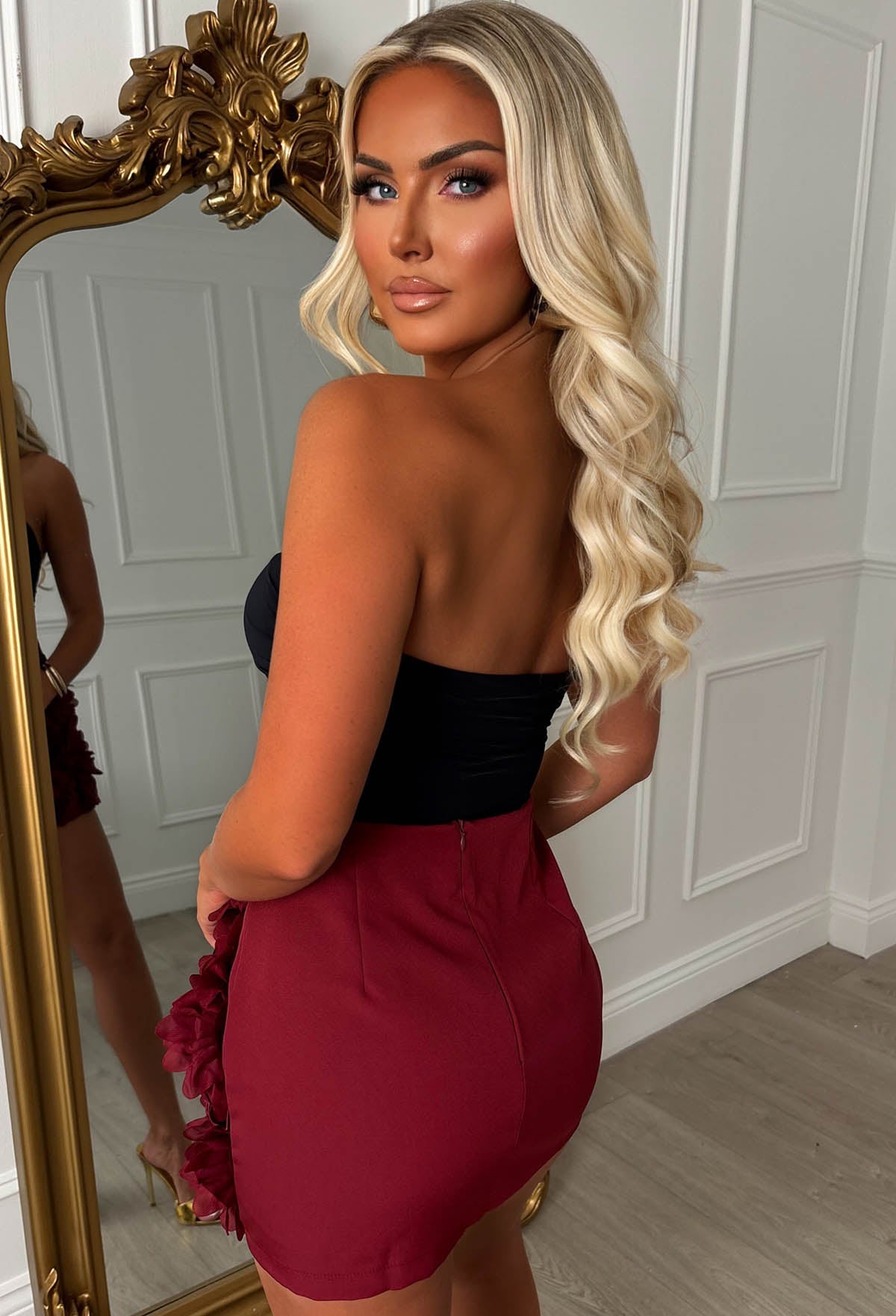 Electric Energy Burgundy Flower Embroidered Mini Skirt