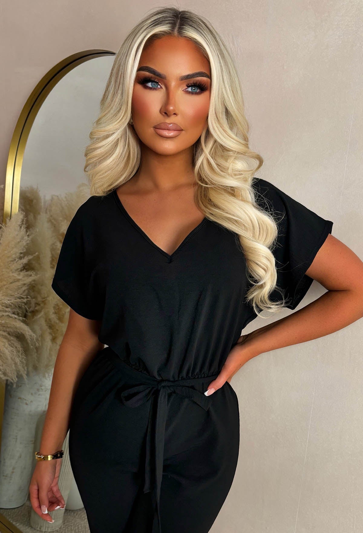 Elegance Everyday Black Elasticated Hem Belted Jumpsuit