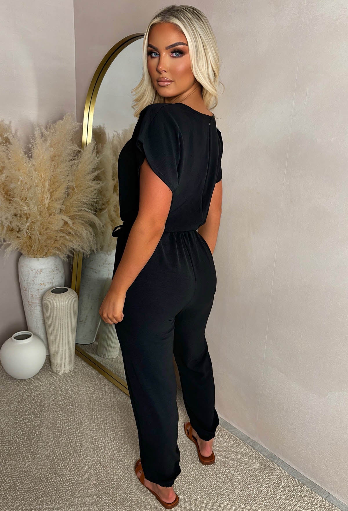 Elegance Everyday Black Elasticated Hem Belted Jumpsuit