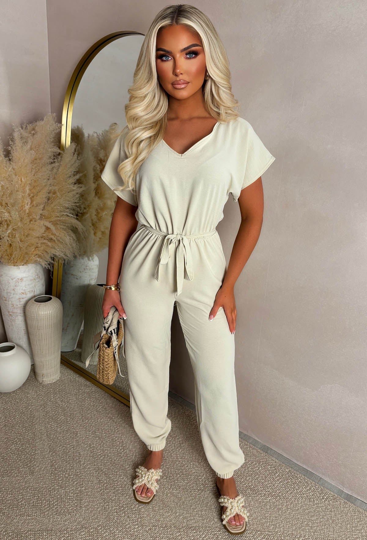 Elegance Everyday Stone Elasticated Hem Belted Jumpsuit