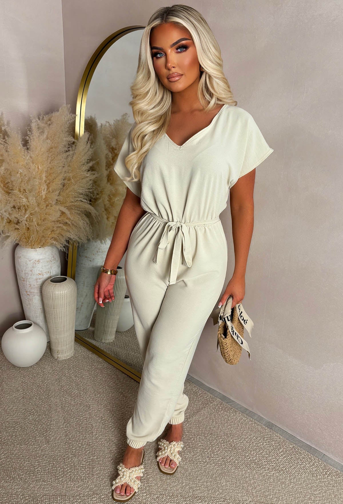 Elegance Everyday Stone Elasticated Hem Belted Jumpsuit