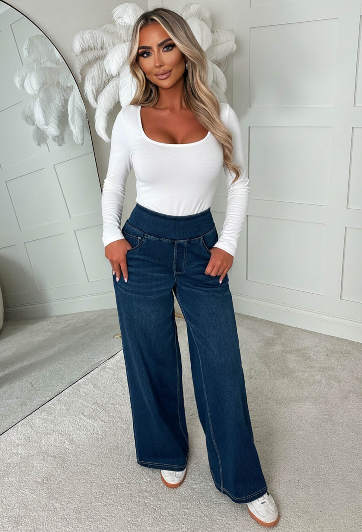 Ellie Mid Wash Ultra Comfort Deep Waistband Wide Leg Jeans