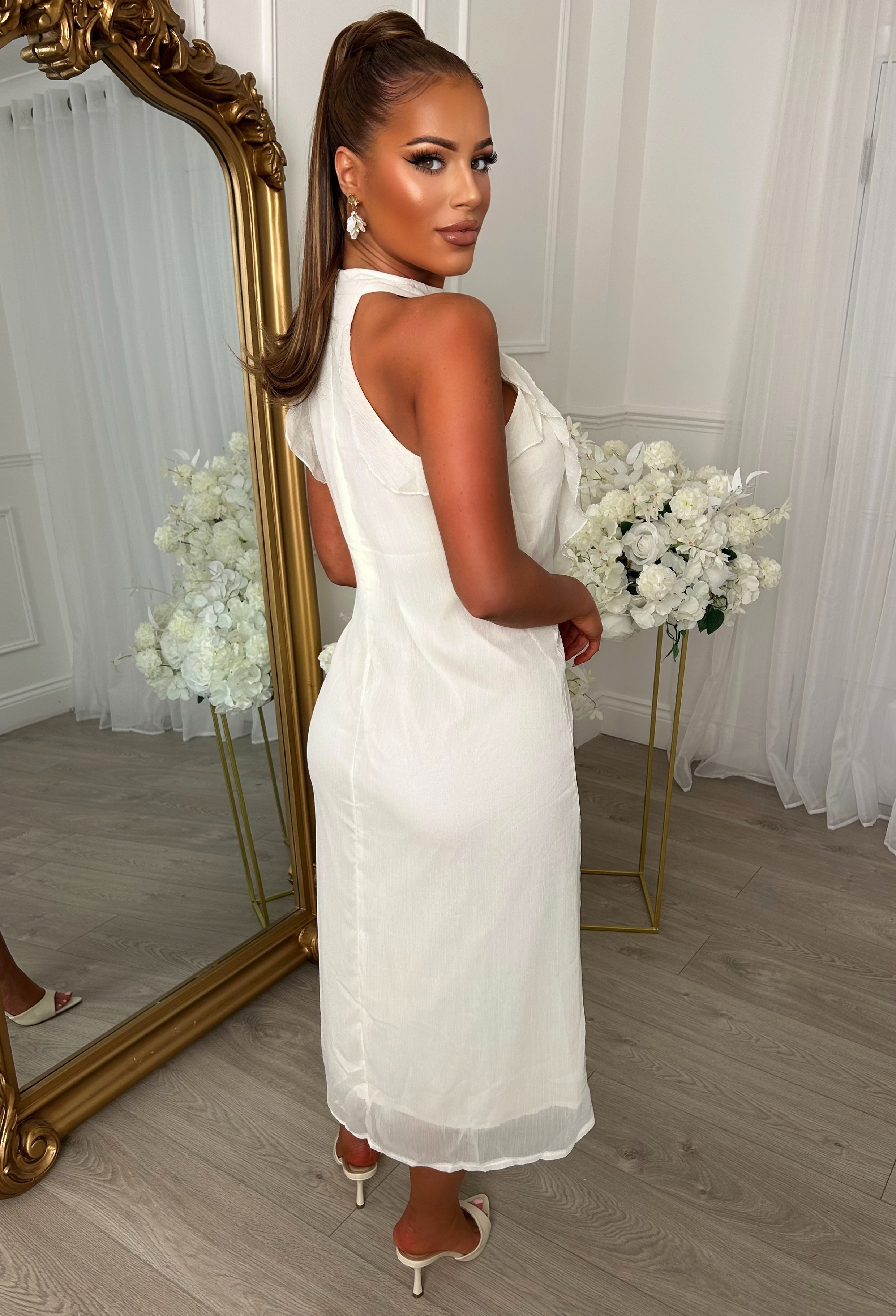 Endless Aura Cream Ruffle Maxi Dress