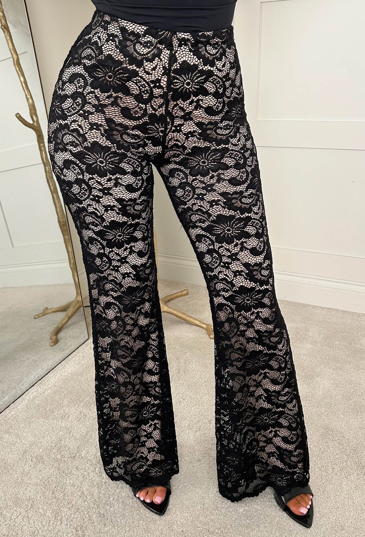 Endless Possibilities Black Stretch Lace Scalloped Hem Lined Trouser