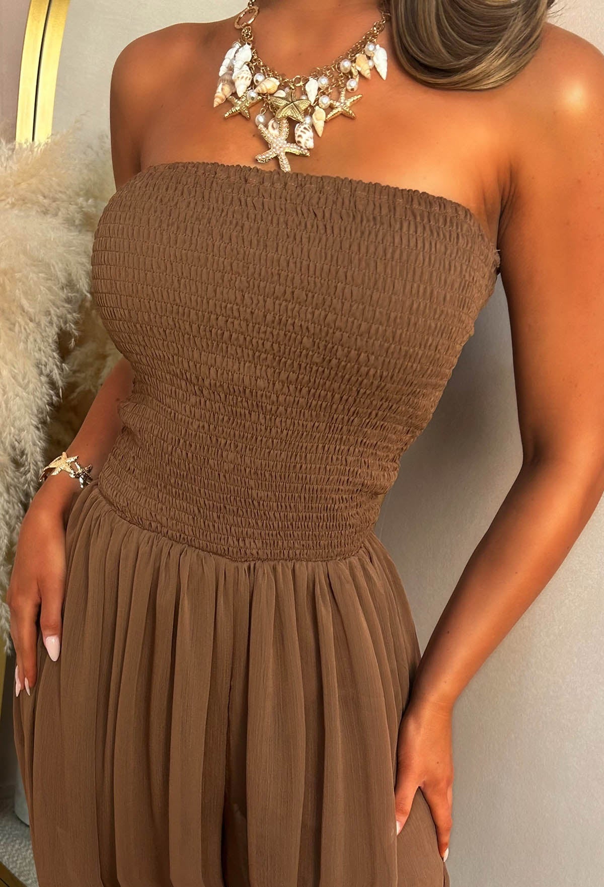 Endless Summer Brown Shirred Bandeau Harem Jumpsuit