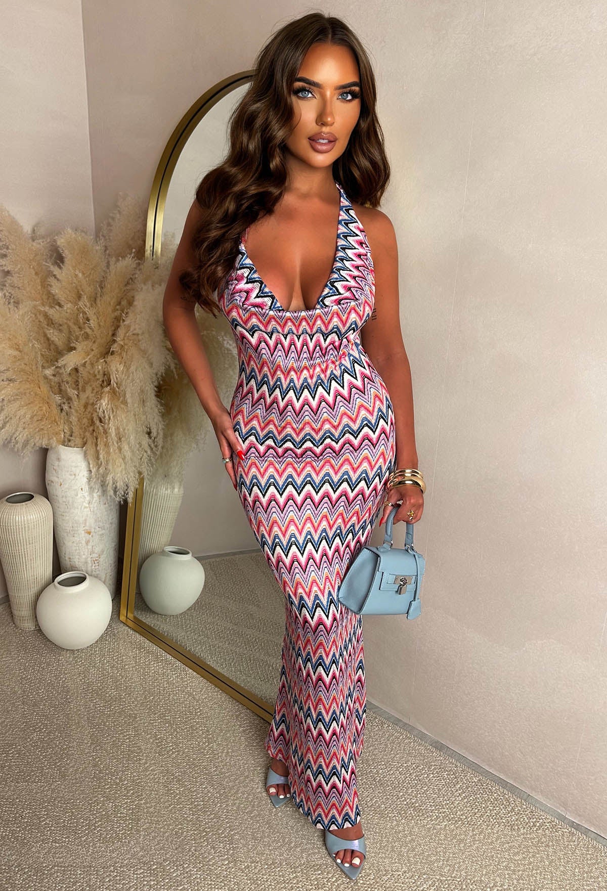 Endless Summer Pink Zig Zag Crochet Cowl Neck Maxi Dress