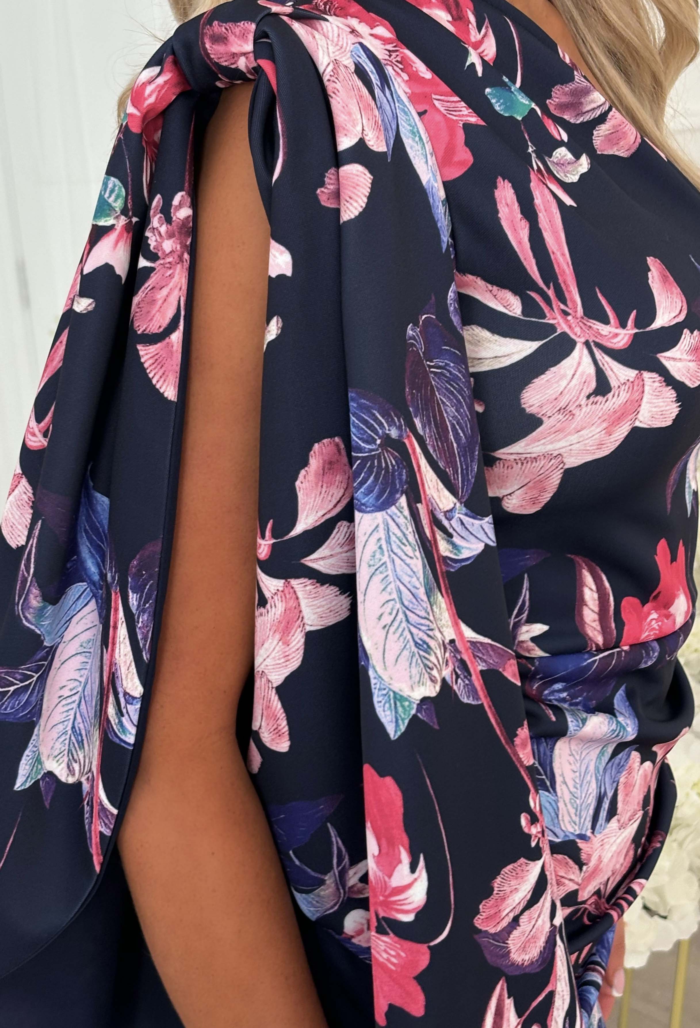 Epitome Of Elegance Navy Floral Bow Draped Shoulder Dress