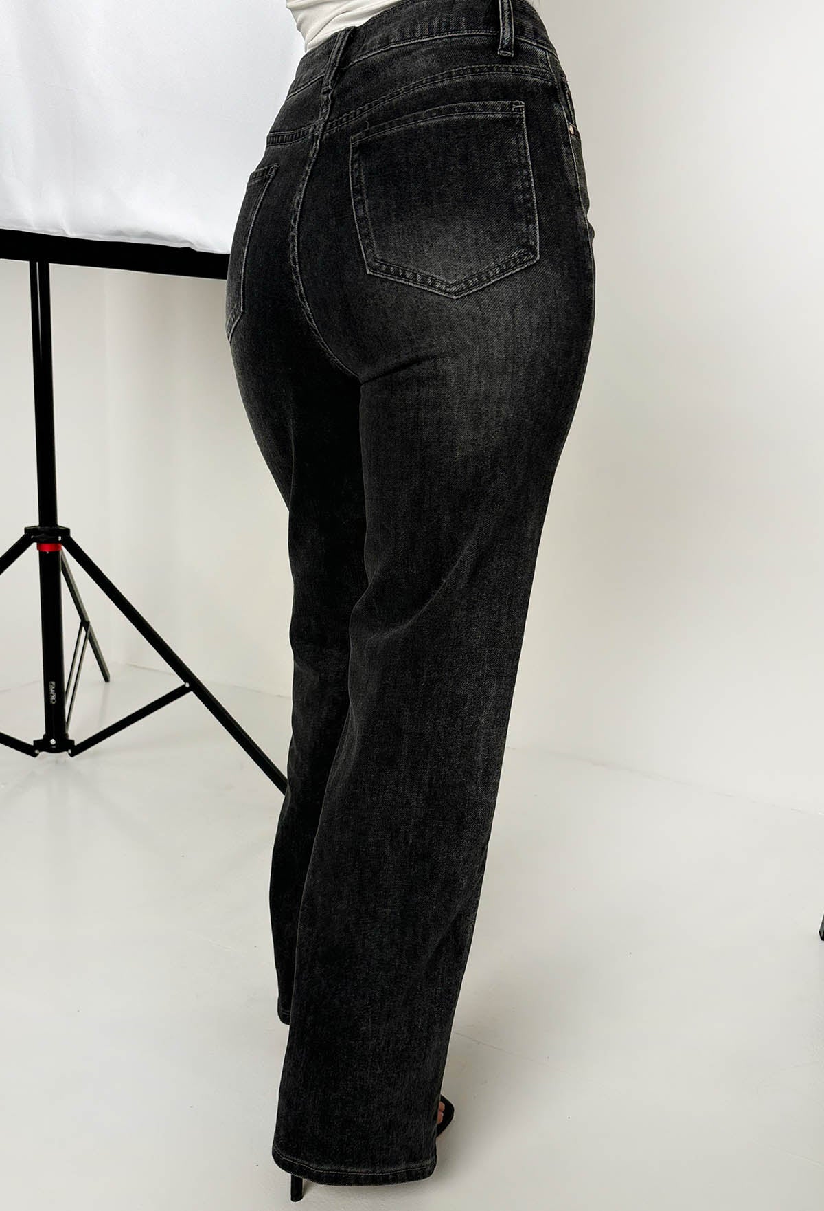 Escape In Denim Black Stretch Distressed Straight Leg Jeans