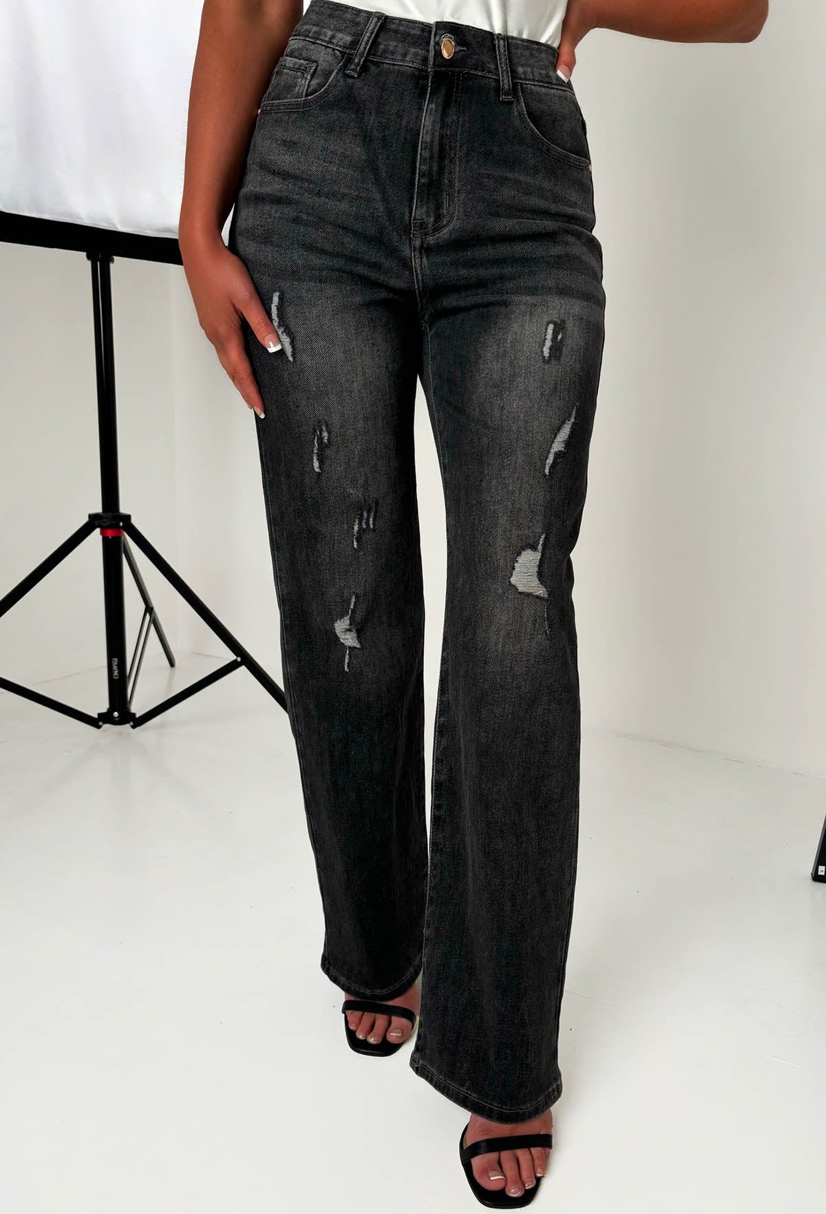 Escape In Denim Black Stretch Distressed Straight Leg Jeans